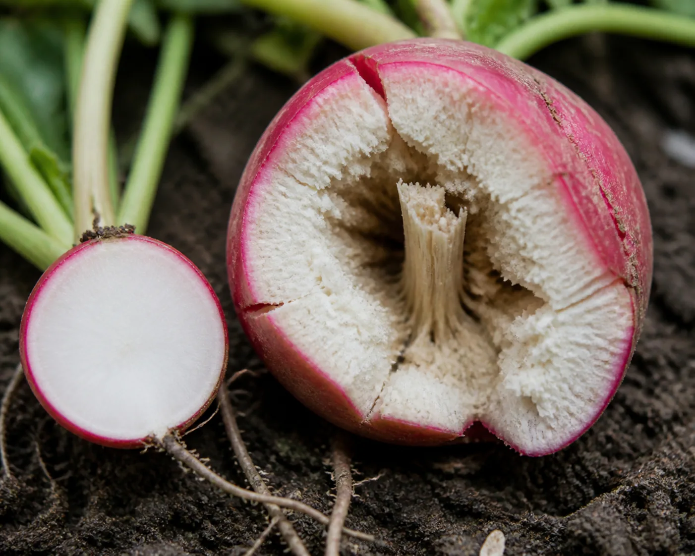 Two radishes of the same variety halved lengthways on soil, the smaller one solid white throughout and the oversized one cracked open with a spongy woody core
