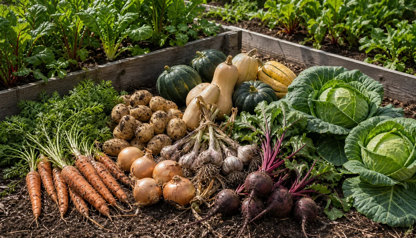 garden harvest of carrots, potatoes, onions, garlic, winter squash, beets, and cabbage