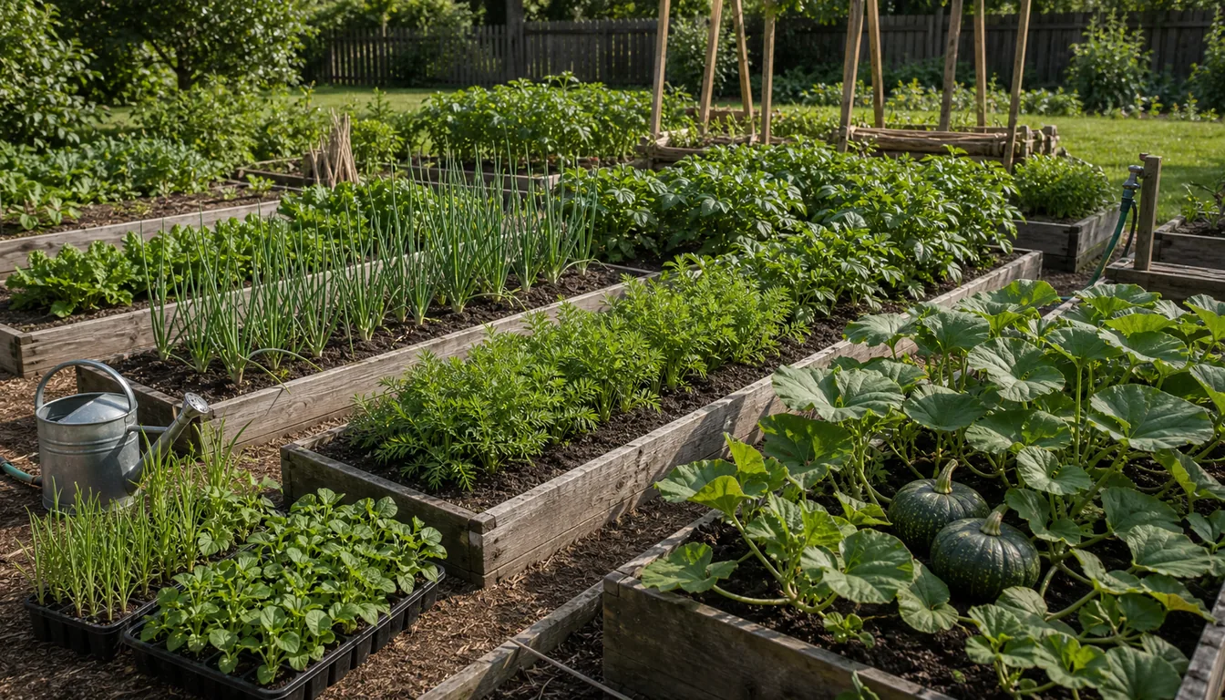 storage-crop garden beds with full sun, deep soil, wide paths, and space for potatoes and squash