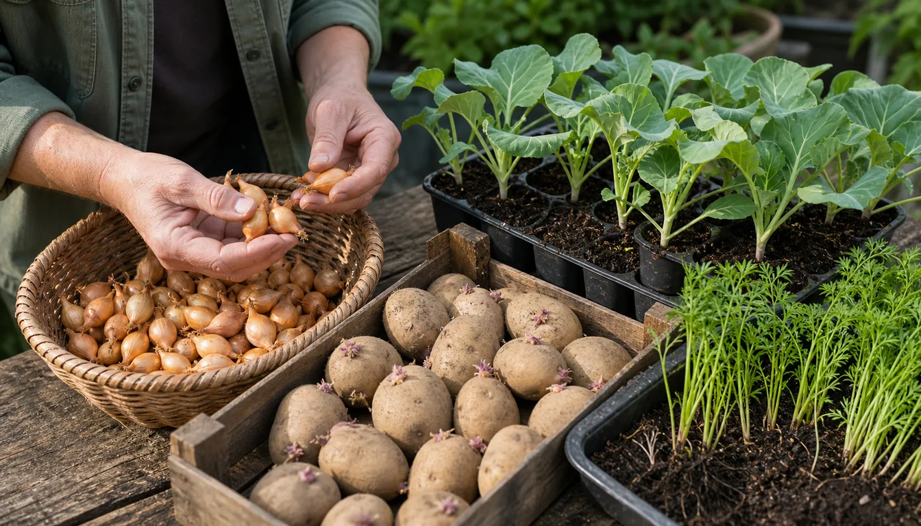 onion sets, seed potatoes, cabbage seedlings, and carrot seedlings inspected before planting