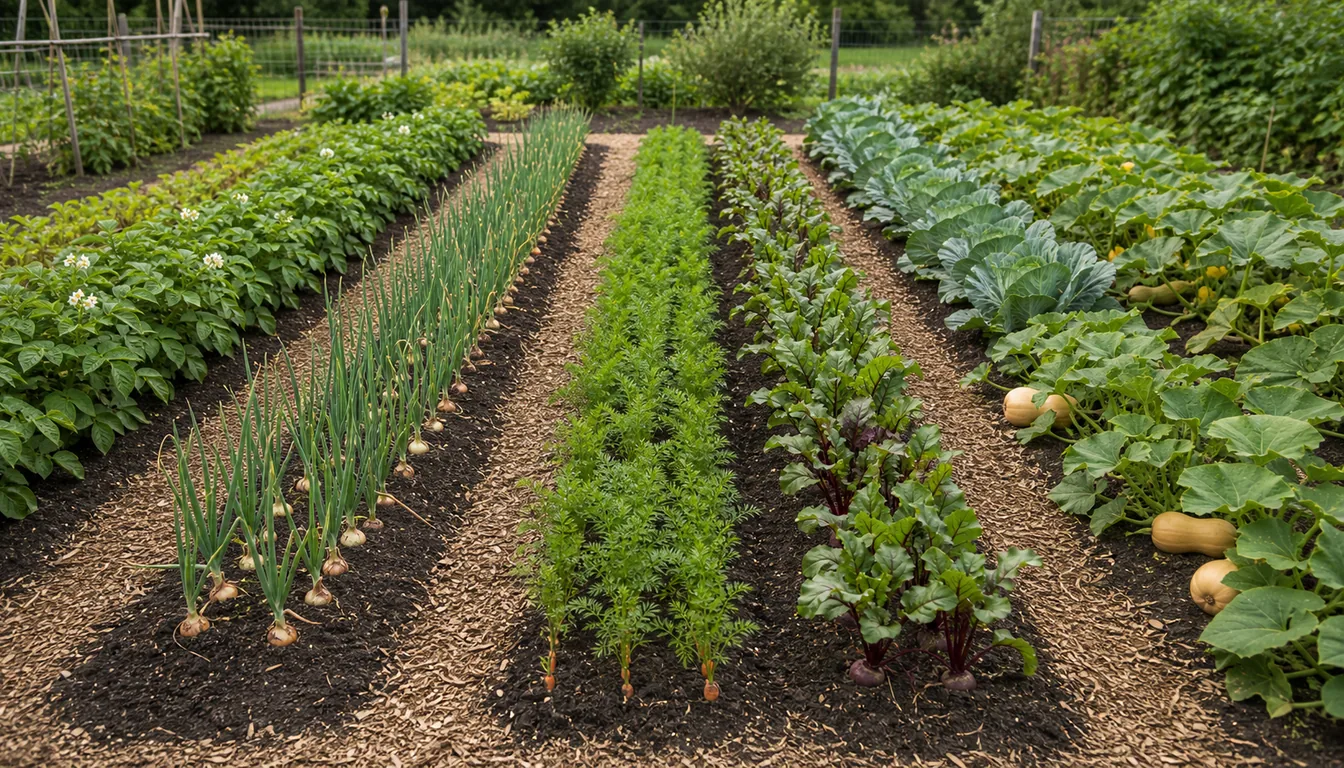 storage-crop garden layout with potatoes, onions, carrots, beets, cabbage, and winter squash