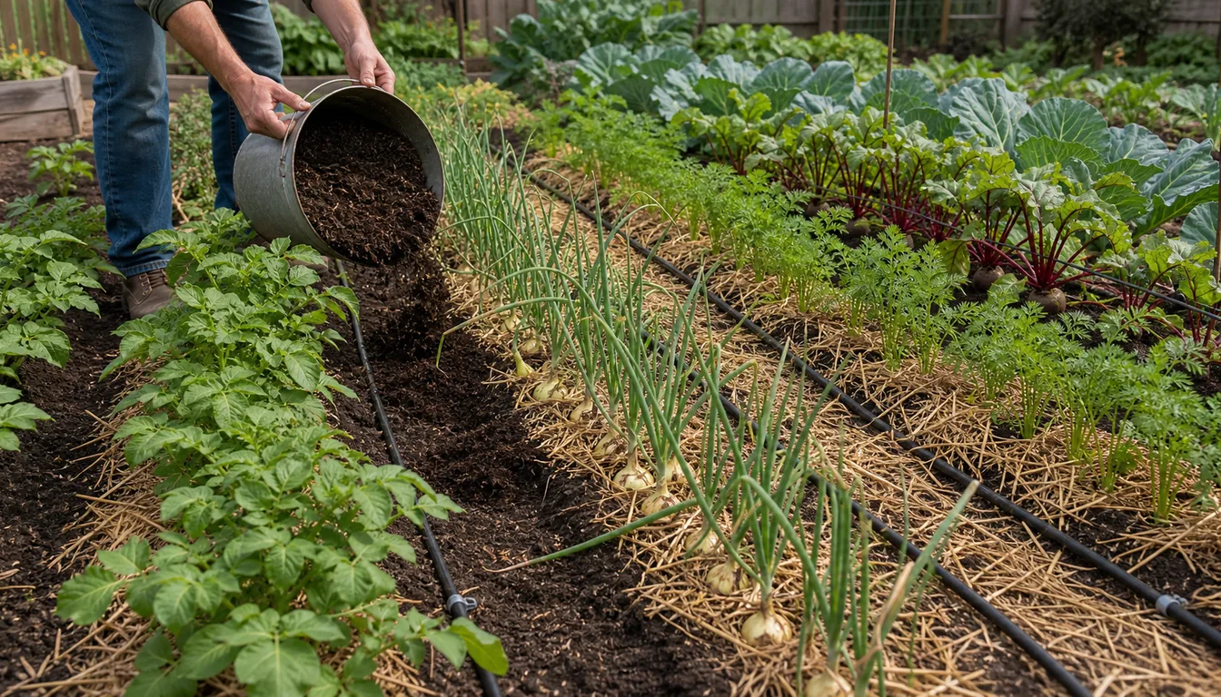 compost, straw mulch, and soaker hose around potatoes, onions, carrots, beets, and cabbage