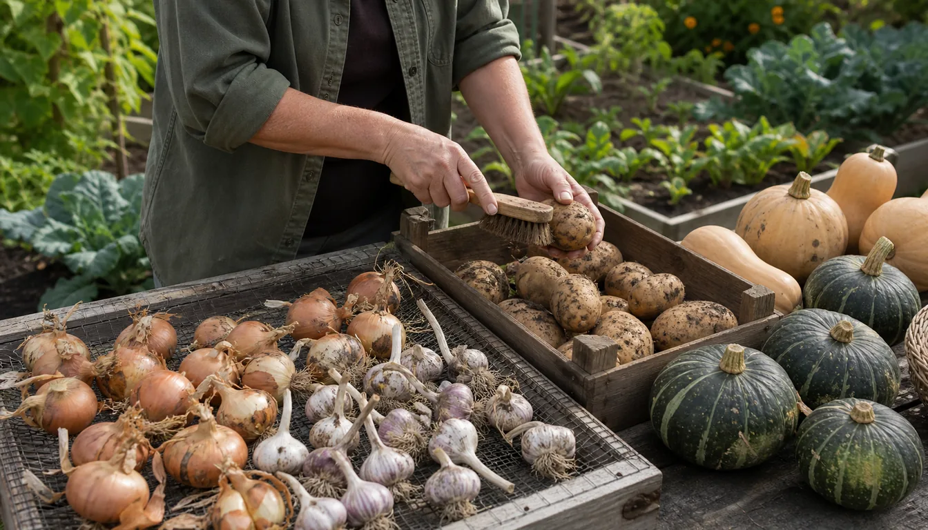 onions, garlic, potatoes, and winter squash curing and being sorted after harvest