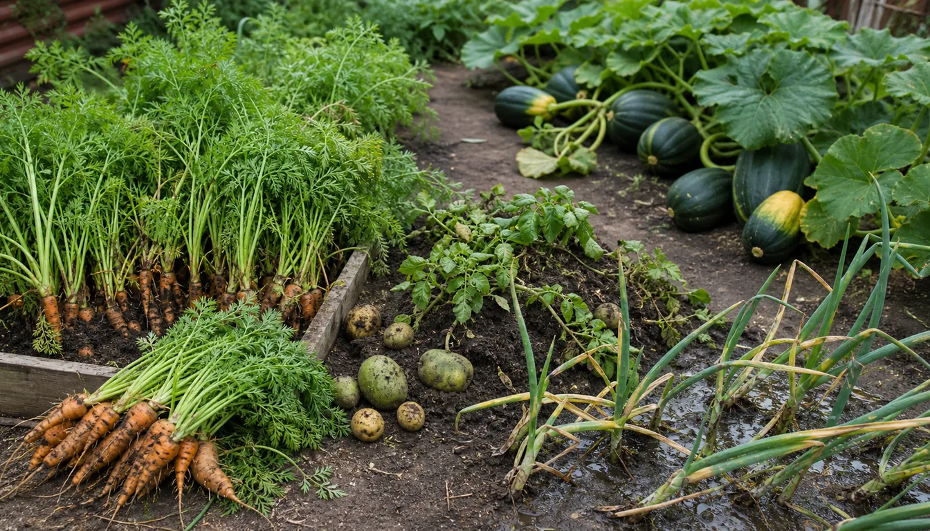 crowded carrots, exposed potatoes, wet onion soil, and squash vines crowding a path