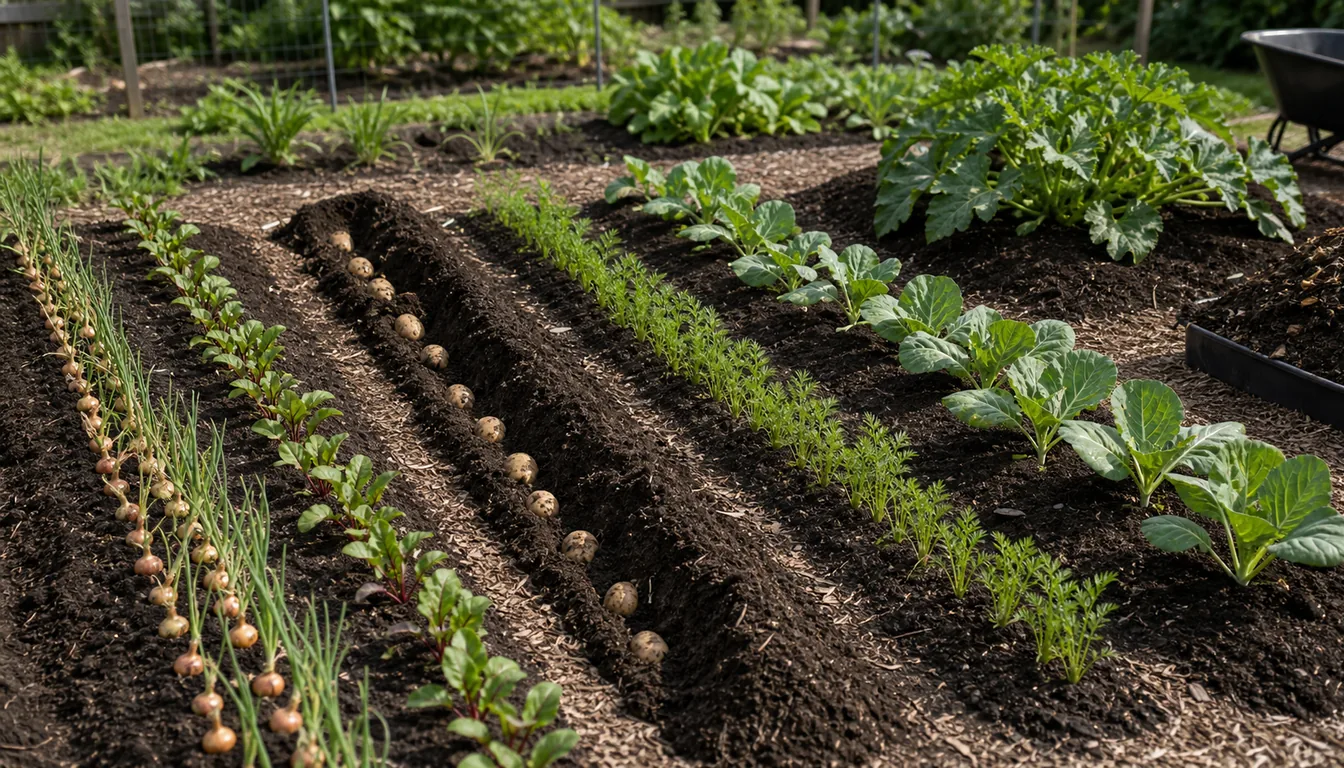 newly planted storage-crop garden with onion sets, seed potato trenches, carrots, cabbage, and squash