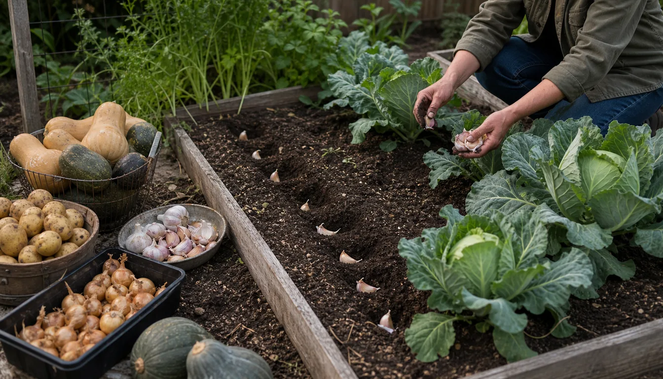 storage-crop bed after harvest with open row, replanting sets, squash, potatoes, and cabbage