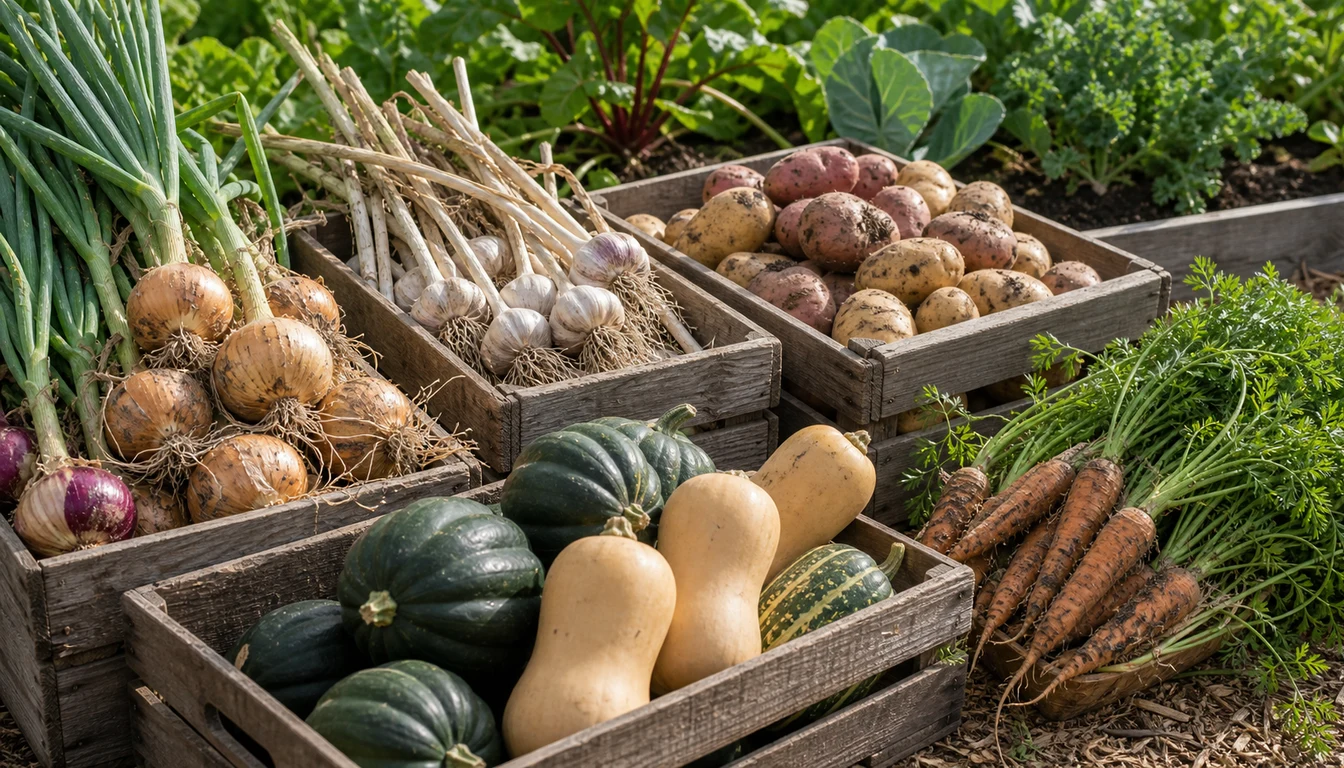 Storage vegetables including onions, potatoes, squash, and carrots after harvest
