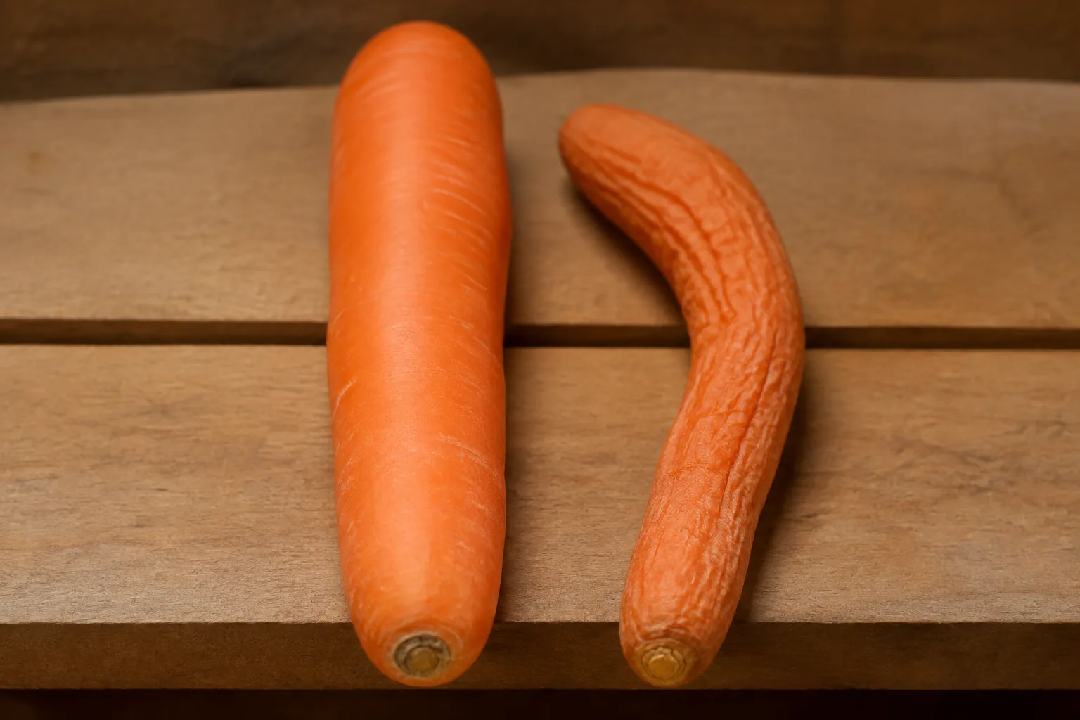 Two carrots of the same variety on a wooden shelf, the left firm straight and smooth and the right limp, bent and deeply wrinkled from moisture loss